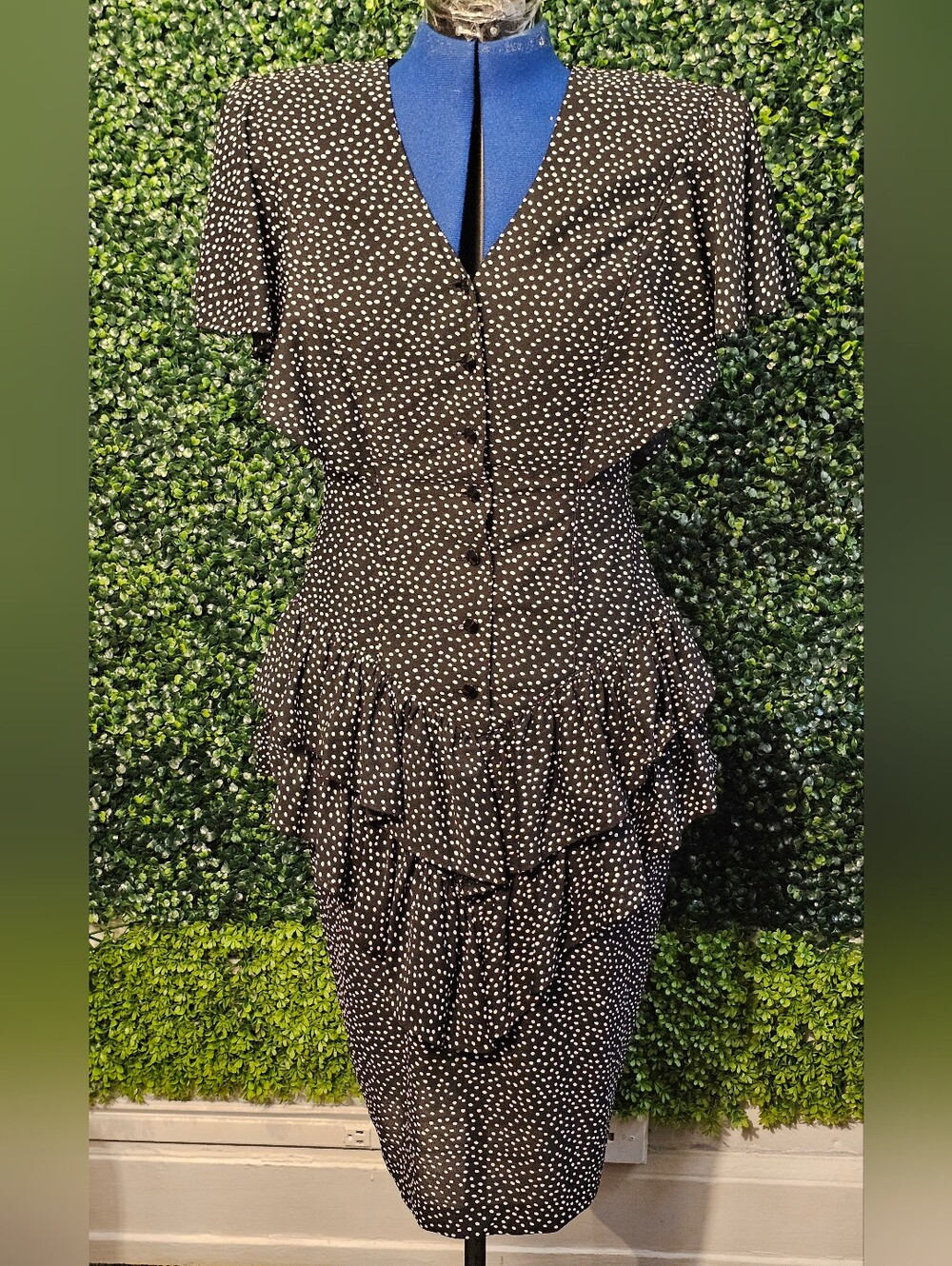 Pistachio Black Polka Dot Ruffled Midi Dress